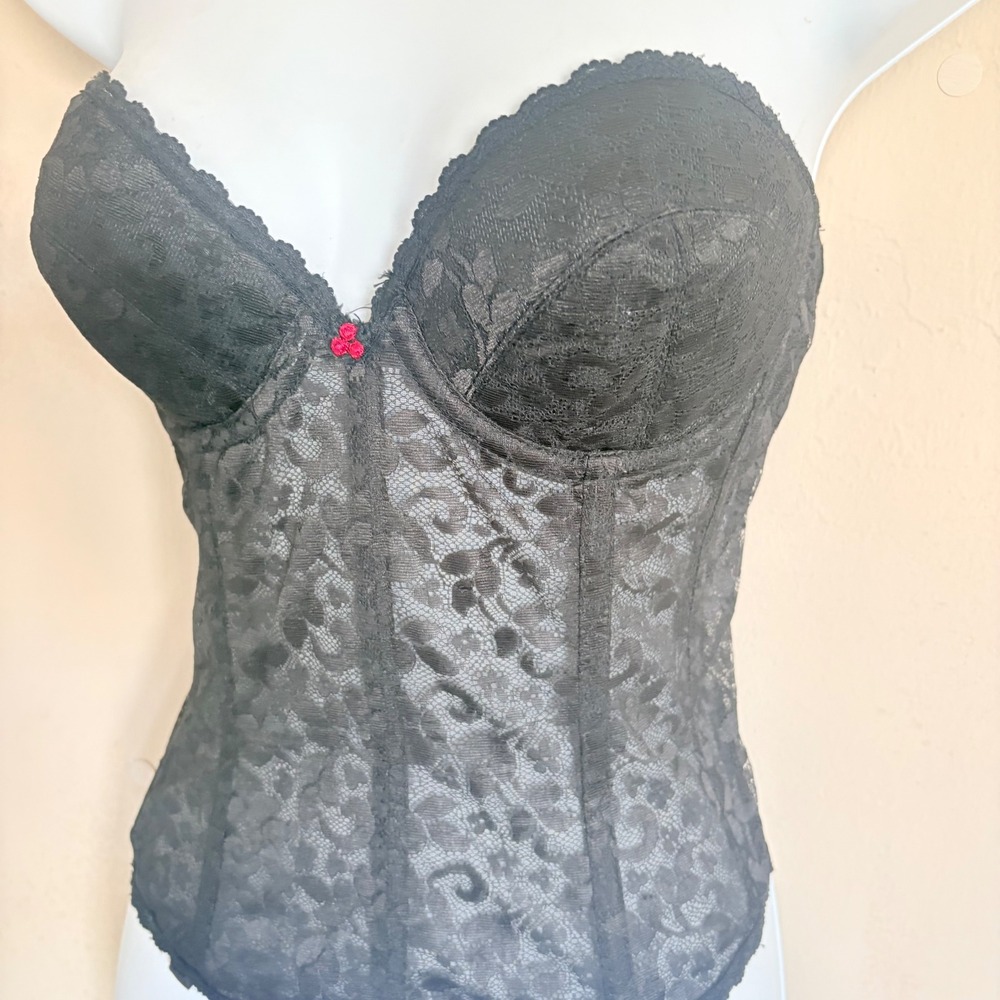 Vintage‎ Black Lace Strapless Bustier Corset Top 34C Underwire Sheer Floral